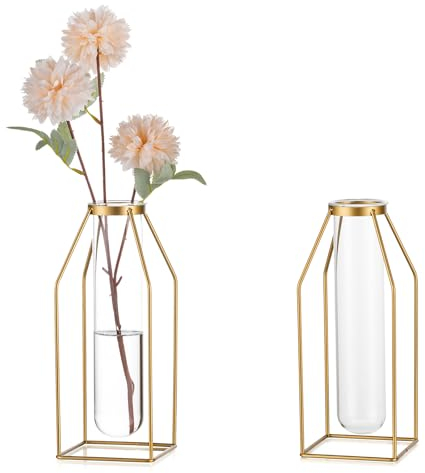Sziqiqi Gläser Propagation Station GestellVase - Gold Modern Blumenvase Set von 2 Reagenzglas Vase für Pflanzen Chi Metallstaende Tulpenvase für Wohnzimmer Tischdeko Badezimmer Office