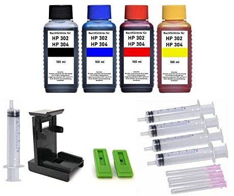 Tintenpatronen Nachfüllset - 4 x 100 ml Nachfülltinte kompatibel mit HP 302 + HP 304 Schwarz und Color Druckerpatronen. Je 100 ml Black, Cyan, Magenta, Yellow, Adapter, Befüllanleitung, Zubehör