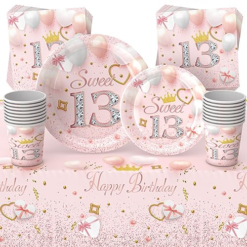 69pcs Pink 13th Birthday Tableware Decorations - Happy Girls Party Set, Disposable Tableware with Tablecloth, 7inch Plates, Napkins, Cups