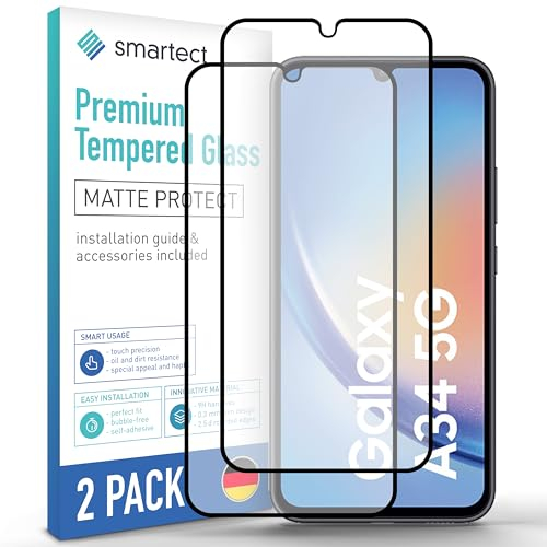 smartect Verre Trempé [2 Pièces, Full Screen, Mat] pour Samsung Galaxy A34 5G, Protecteur d'écran en Verre HD Anti Rayures, Sans Bulles, Dureté 9H, Ultra Résistant