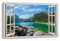 HUBDECO Leinwandbild Fensterblick See in den Bergen Bild 120x80 cm - Landschaftsbilder auf Leinwand - Wandbilder Wohnzimmer - Bild Fenster mit Ausblick - Aesthetic Room Decor - Wanddeko Schlafzimmer