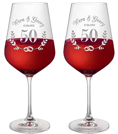 AMAVEL Set 2 Calici da Vino Bianco e Rosso con Incisione Personalizzata per le Nozze d'Oro con Nomi e Data, Bicchieri in Vetro per Coppie, Idee Regalo di Anniversario, Bomboniere