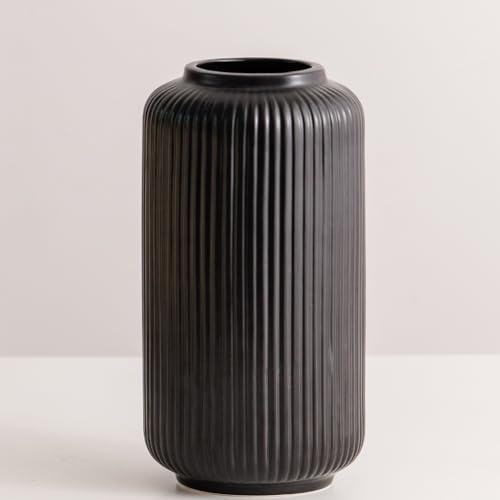 Gerippte Vase Schwarz 20 cm Hoch, Modern Blumenvasen aus Keramik für Tischdeko Innenbereich, Deko Vasen für Pampasgras