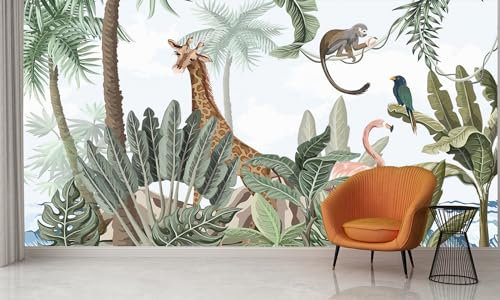 Audace Liberté Papier Peint Panoramique Jungle Animal Soie 355×250 cm Papier Peint Géant 3D Salon Chambre Salle à Manger Chambre d'Enfant Décoration Murale - Girafe Cocotier