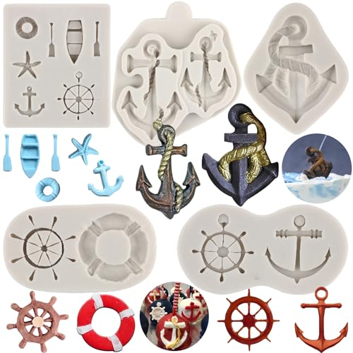 MYPRACS Anker Ruder Silikonform Segelboot Haken Fondant Formen Rettungsring Schokoladenformen für Zucker Kuchen Dekoration Cupcake Topper Candy Polymer Clay Gum Paste 5 Stück