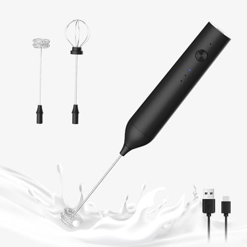 ELMWAY Rechargeable Milk Frother – Handheld Foam Maker with 3-Speed Control, USB-C Charging, and 2 Interchangeable Whisk Heads, Long-Press Stop, for Home & Kitchen Use – Black Coffee Frother