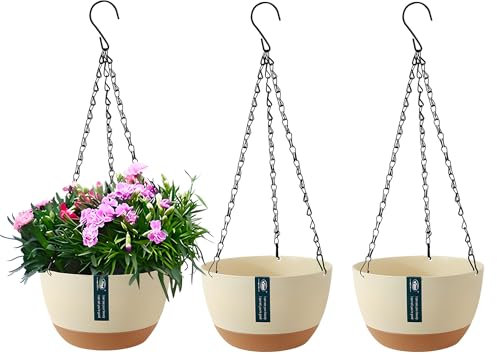 YuanDiann 3er Pack Hängende Blumentöpfe mit abnehmbarem Tablett, Selbstabsorbierende Hängepflanze Blumentopfkorb aus Kunststoff Außen Innen Blumenampel Haus Garten Balkon Dekoration Beige 28.5cm