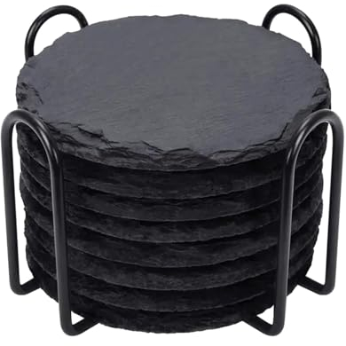 MagiDeal 8 pièces sous-verres en ardoise sous-verres en pierre ensemble pour tasses tasses décor de Table avec support pour Bar Table basse projet de bricolage, ROND