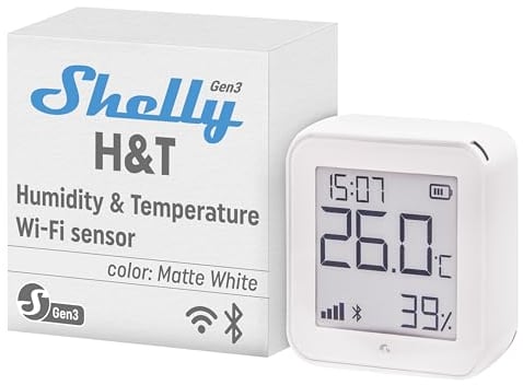 Shelly H&T Gen3 Bianco, Sensore Smart Wi-Fi di Temperatura e Umidità, Controllo e Monitoraggio da Remoto, Scene Intelligenti Termometro e Igrometro, Nessun Hub Richiesto, Alexa & Google Home