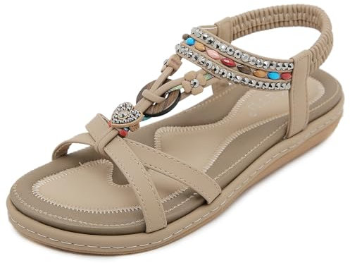 Meik Mangni Sandales Mode Femme Bohême Plates été Sandales Confortable Bout Ouvert Sandales de Marche,Beige,Taille:39 EU