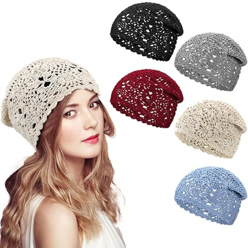 Rivweten 1 x Damen-Häkelmütze, lockere Strickmütze, Baumwolle, handgefertigt, für Sommer, Winter, weich, bequem, Blumenmuster, Totenkopfmütze, grau, Einheitsgröße