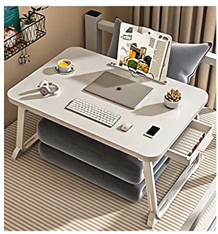 Bureau de lit, avec pieds pliants, porte-gobelet, tiroir de rangement, grand plateau portable pour ordinateur portable pour manger, travailler des jeux