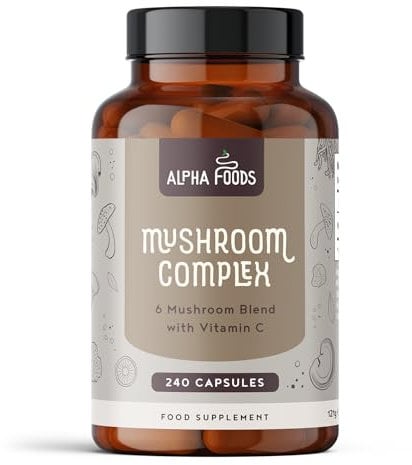 Pilz Komplex mit 6 Pilzsorten | 240 Kapseln | Pilze mit Lions Mane Mushroom, Cordyceps, Reishi, Chaga, Shitake & Maitake | mit Vitamin C, Zink & schwarzem Pfeffer | Laborgeprüft & Vegan | Alpha Foods
