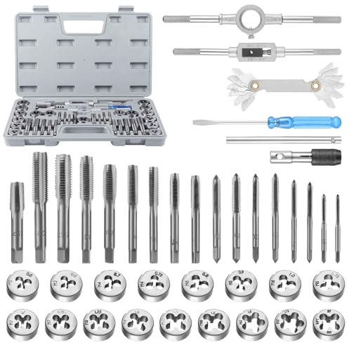 Faankiton 40PCS Tap and Die Set, Alloy Steel Metric Tap and Die Kit Metric and SAE Die and Tap Set for Cutting External and Internal Thread M3-M12 Taper Drill Threading Kit with Tap Wrench Accessories