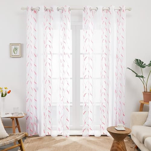 Deconovo Tende per Interni Moderne Ricamate con Anelli 140x180 cm, Tende Trasparenti Eleganti in Voile per Finestre di Camera da Letto e Soggiorno, Set da 2 Pezzi, Rosa