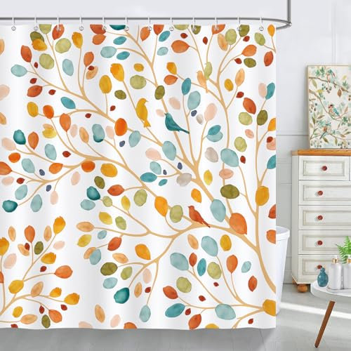 Bonhause Rideau de Douche Plantes Coloré Boho Fleurs Feuilles Rideau de Bain Tissu Polyester Anti Moisissure Imperméable Lavable Rideau Salle de Bain 180 x 180 cm avec 12 Crochets pour Baignoire