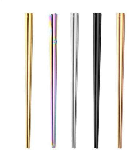 Lot de 5 paires de baguettes en métal en acier inoxydable | Antidérapantes et légères | Passent au lave-vaisselle | Baguettes carrées réutilisables japonaises coréennes chinoises pour bureau, cuisine