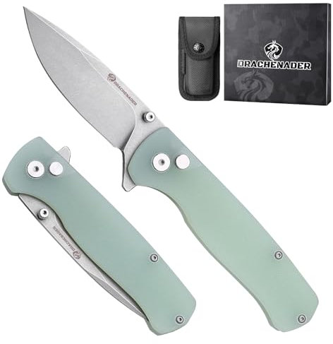 DRACHENADER Einhandmesser Y-M mit Button Lock, 14C28N Klinge, G10 Griff, Klappmesser mit Gürtelclip, Nylontasche, Outdoor EDC Taschenmesser für Camping, Wandern, Klinge Stonewash-Finish + Griff Natur