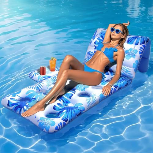 HeySplash Flotteur de Piscine, Bateau Gonflable pour Adulte avec Dossier Réglable, Flotteur avec Porte-Gobelet pour Plages, Lacs, Flotteurs Adultes Facile à Utiliser, Feuille de Palme Bleue