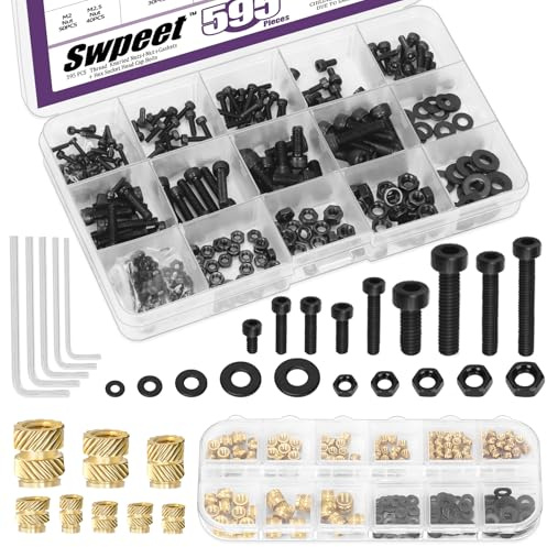 Swpeet 595Pcs M2 M2.5 M3 M4 M5 12.9 Vis hexagonales en acier allié et inserts filetés en laiton avec écrous et rondelles, avec clé à six pans, ensemble de 595 pièces, avec hexagones à base hexagonale