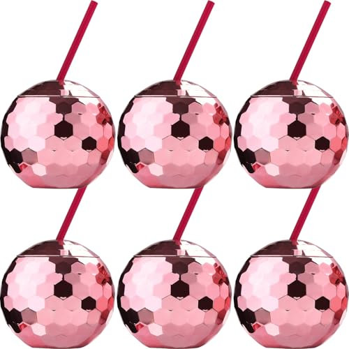 Haundry 6 Pack Disco Ball Cups, 20oz Sparkly Rose Glod Tumbler with Lid and Straws, Disco Flash Cups for Glam Disco Party Cups for Birthdays, Bachelorette, 70s,Bar Decor(Pink)