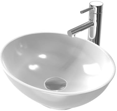 EMKE Lavamanos Ovalado para Sobreponer 41.5 × 33.5 × 13 cm, Lavabo de Cerámica para Baño y Aseo de Invitados, Lavabo Blanco