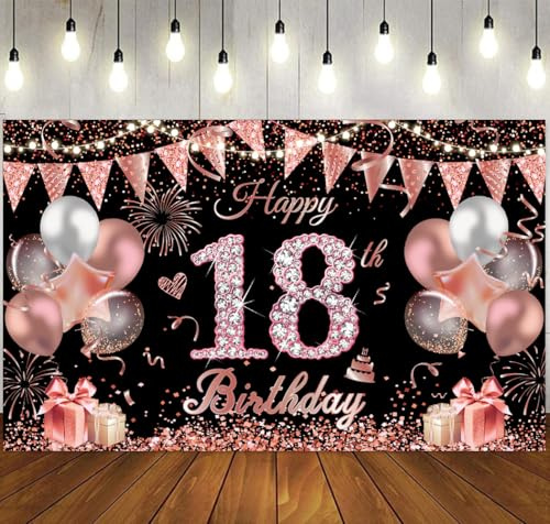 Happy Birthday Banner Geburtstag Dekoration Schwarz Roségold, Banner Geburtstag Hängende Dekoration, GeburtstagDeko für Mädchen&Frauen (18th)