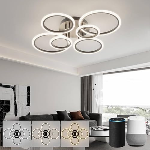 LJX LED Deckenlampe Kompatibel mit Alexa 80cm Schwarz 6-Ring Deckenleuchte Dimmbar Memory-Funktion Moderne Wohnzimmerlampe für Schlafzimmer Küche