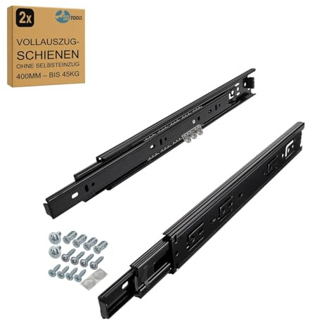 SOTOOLS 1 Paar Vollauszug Schubladenschienen, 400 mm, max. 45 kg, schwarz | Kugelgelagerter Vollauszug, für Möbelbau, Werkstatt und Küche, inkl. Schrauben.