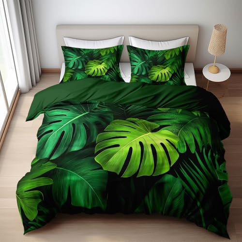 Juego de Funda Nordica Cama 90 Patrón Hojas Tropicales Hojas de Palma Monstera Fundas Edredón, 180 x 220 Funda Nórdica y 2 x Fundas de Almohada de 50x75 cm Microfibra Suave Transpirable, Verde Bosque