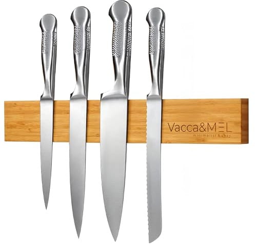 Barra Magnética Cuchillos Pared 40 cm – Imán Cuchillos de Cocina en Bambú Natural Extra Fuerte – Porta Cuchillos Adhesivo o con Tornillos – Organizador Cocina con Afilador y Nivel – Vacca & MEL