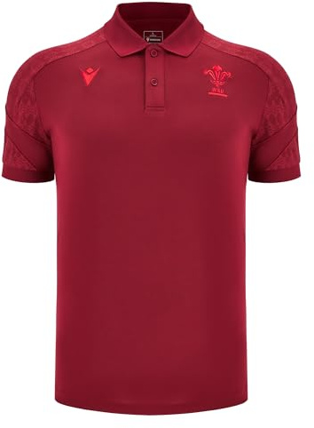 Macron Wales Rugby Mens Travel Polo Shirt | Red | 2025/26 (UK, Alpha, XXL, Regular, Regular, Dark RED)