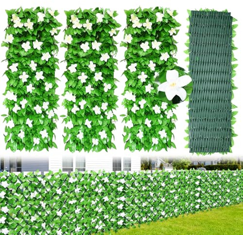4PCS Expanding Garden Trellis Panels, 40x20cm to 28x200cm Expandable Garden Fence Screening with Artificial Ivy and White Orchid,Decorative Faux Ivy Leaf Privacy Screen Greenery Backdrop for Backyard