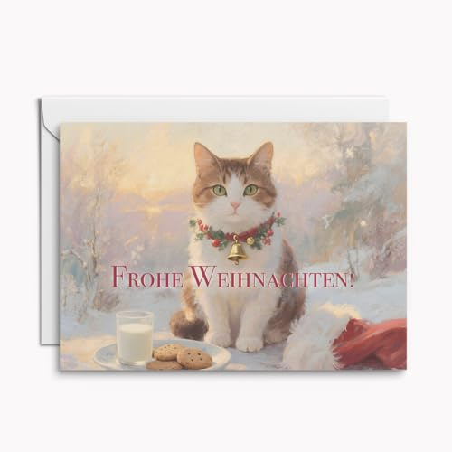 Set mit 4 festlichen Katzen Weihnachtskarten – Vintage Katzenmotiv mit Glöckchen, inkl. Umschlägen und weißen Einlegern für mehr Platz zum Schreiben