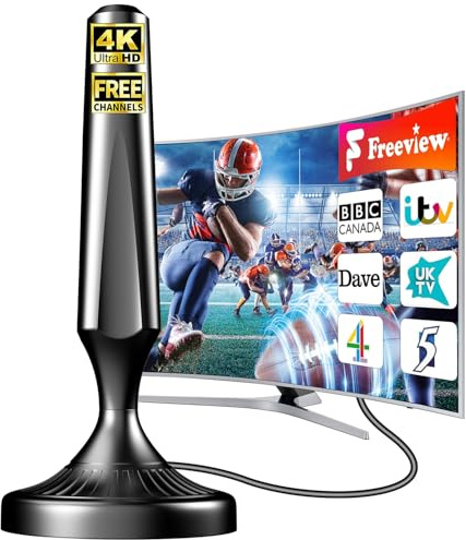 Indoor TV Aerial for Freeview & Freeview HD, Digital HD TV Aerial with 360° Reception, Strong Signal Magnetic Base, Supports 4K/1080P, Easy Setup for Smart & Older TVs, 5m Coaxial Cable