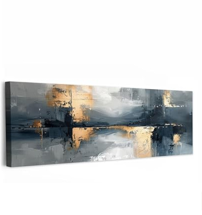 MuchoWow© Leinwandbilder Decoration Bilder für die Wand Schlafzimmer Canvas | 120x40 cm - Painting XXL Wanddekoration Panorama Großes Wandbild Kunst - Grau - Gold - Abstrakt