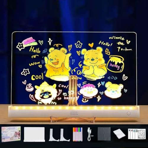 Planche à dessin LED rechargeable avec 7 stylos de couleur – Tableau mémo lumineux de 30 x 20 cm, en acrylique effaçable à sec pour enfants, maison, école, bureau