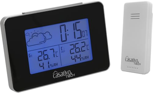 Casativo Funk Wetterstation mit Aussensensor, Wettervorhersage & Funkwecker, kabellos, Thermometer u. Hygrometer inkl. Funkuhr und Datumsanzeige
