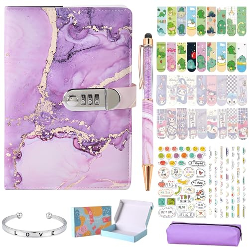 Diary with Lock, A5 PU Leather Journal 240 Pages Password Locked Travel Notebook with Pen A5 Fashion Password Book Secret Diary Girls Boys Stationary Gift Sets Diary Creative Handbook Note Book-Purple
