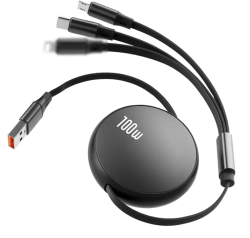 Cable Carga Multiple Retráctil, Cable de carga 3 en 1, PD3.0 6A Cable Carga Multiple Type C/Micro, 1,2m Retráctil Cable Cargador Multiple para iPhone 17, 16, 16 Pro Max, 15 Serie, MaBook, Huawei