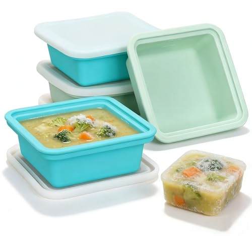 VINATO Lot de 4 Plateau de Congélation en Silicone avec Couvercle,Récipients de Congélation en Silicone (2 Bleus + 2 Verts) – Moule à Glaçons Géants 500ml pour Soupes, Sauces, Smoothies