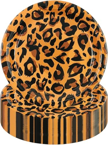 HiEnjoin 50 Stück 18CM Safari Leopard Tierdruck Dessert Pappteller,Teller Zoo Tierdruck Party Pappteller Kindergeburtstag Set für Dschungel Safari Geburtstagsdeko