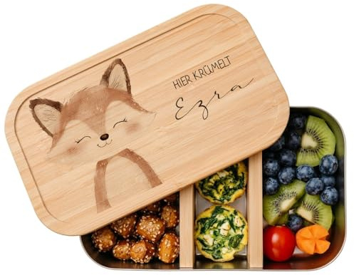 Manufaktur Liebevoll Personalisierte Brotdose mit Namen für Kinder Lunchbox Waldtiere Frühstücksdose Kindergarten Schule Einschulung Mädchen Jungen 2 Größen (Fuchs, Edelstahl | Größe M (19,5x12x6cm))