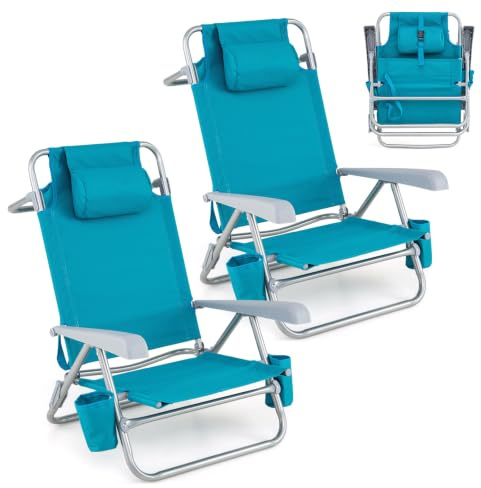COSTWAY Strandstühle klappbar leicht 2er Set, Campingstühle | Mit verstellbarer Rückenlehne, Kopfstütze, Getränkehaltern, Kühltasche & Armlehnen, Klappstühle, Outdoor-Stühle
