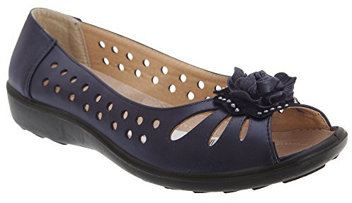 Boulevard Dayna Womens Faux Leather Flower Peep Toe Flats Navy
