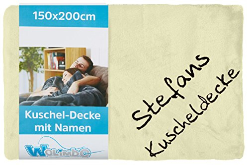 Wolimbo Kuscheldecke mit Namen - 200 x 150cm - Creme - für Erwachsene und Kinder - Wohndecke Sofadecke nach Wunsch Bestickt