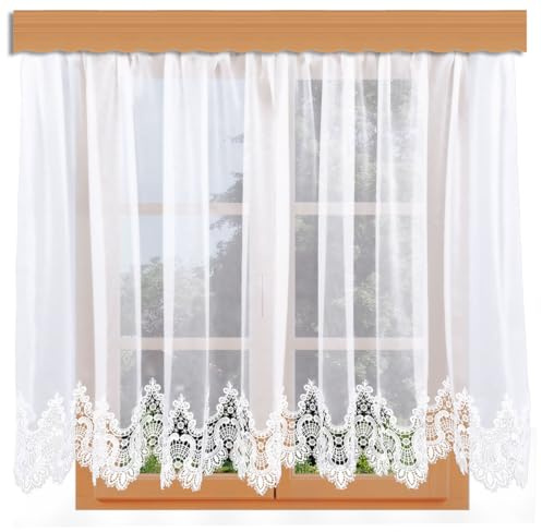 Gardinen-Store Safira Vogtländische Spitze | klassischer handgefertigter Sockelstore mit Reihband | lichtdurchlässiger Fenster-Vorhang mit angenähter Spitzenkante weiß | Höhe x Breite 120 x 400 cm