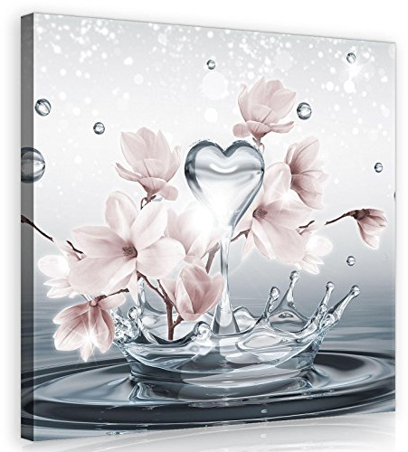 Forwall - Leinwand Bilder - Magnolie Blumen Wassertropfen Herz - 80x80 cm Leinwandbilder - Bild auf leinwand - Wandbild XXL groß Wandbilder für Wohnzimmer Schlafzimmer Wohnzimmerbilder Modern