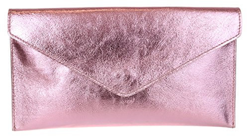 Girly Handbags Womens Italian Suede Leather Envelope Clutch Bag Metallic Light Pink