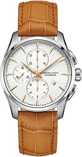 Hamilton Herren Chronograph Automatik Armbanduhr Jazzmaster | Swiss Made, weißes Zifferblatt, analoge Uhr, wasserdicht bis 100 m, Saphirglas, Kalbslederband